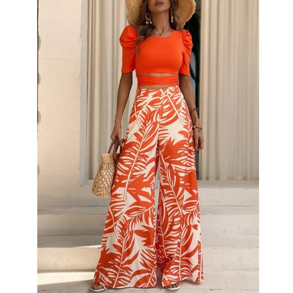 Orange Boho Coord set Tie Back Tee & Tropical Print Wide Leg Pants - Picture 5 of 7